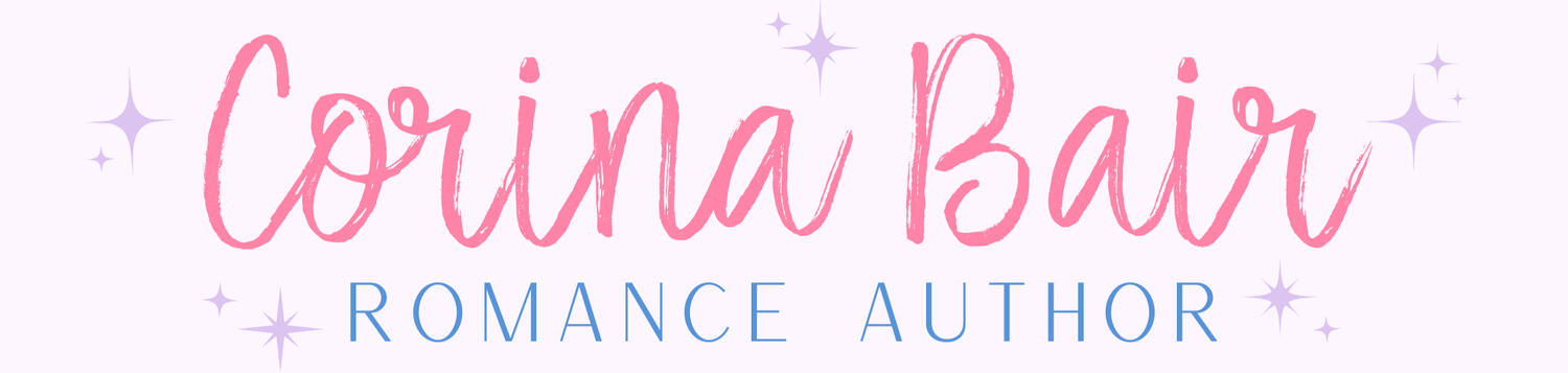 A logo that says "Corina Bair" in pink cursive, and "Romance Author" in all caps blue text with a pastel background and lavender sparkles