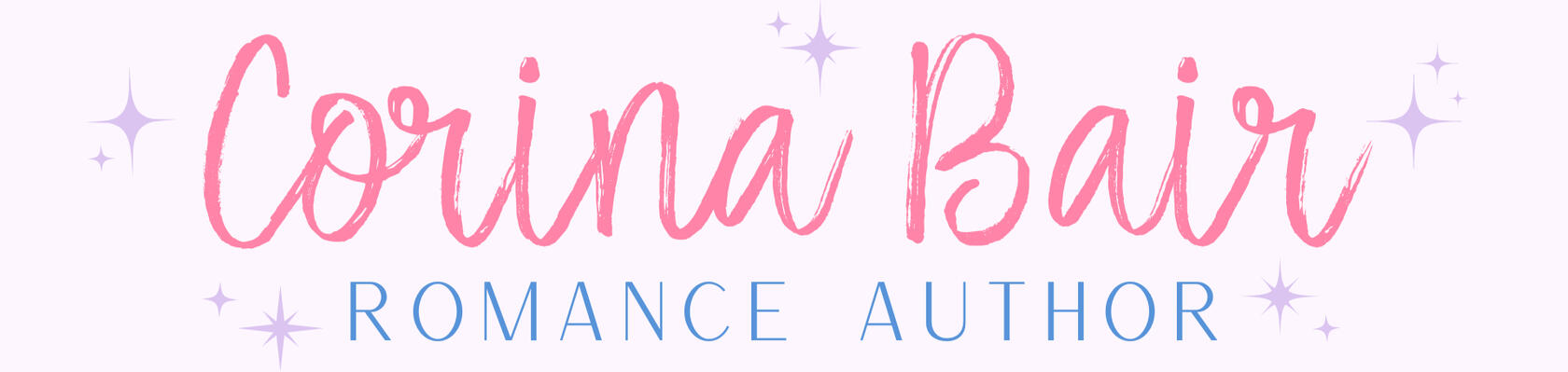 A logo that says "Corina Bair" in pink cursive, and "Romance Author" in all caps blue text with a pastel background and lavender sparkles