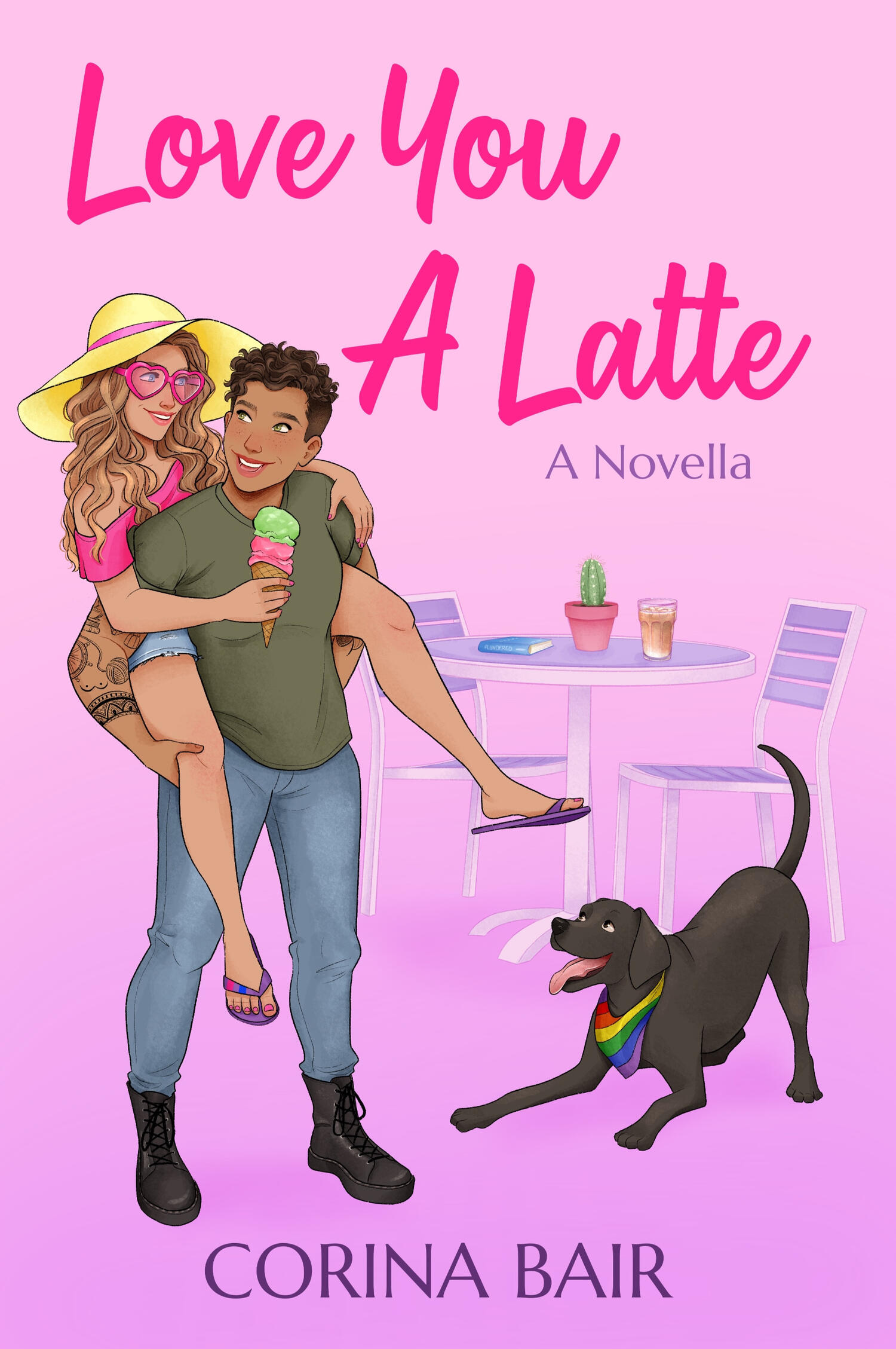 The cover of Poinsettia Lane: A novel by Corina Bair with a light blue background, a couple embracing, and a black dog surrounded by red Poinsettia flowers