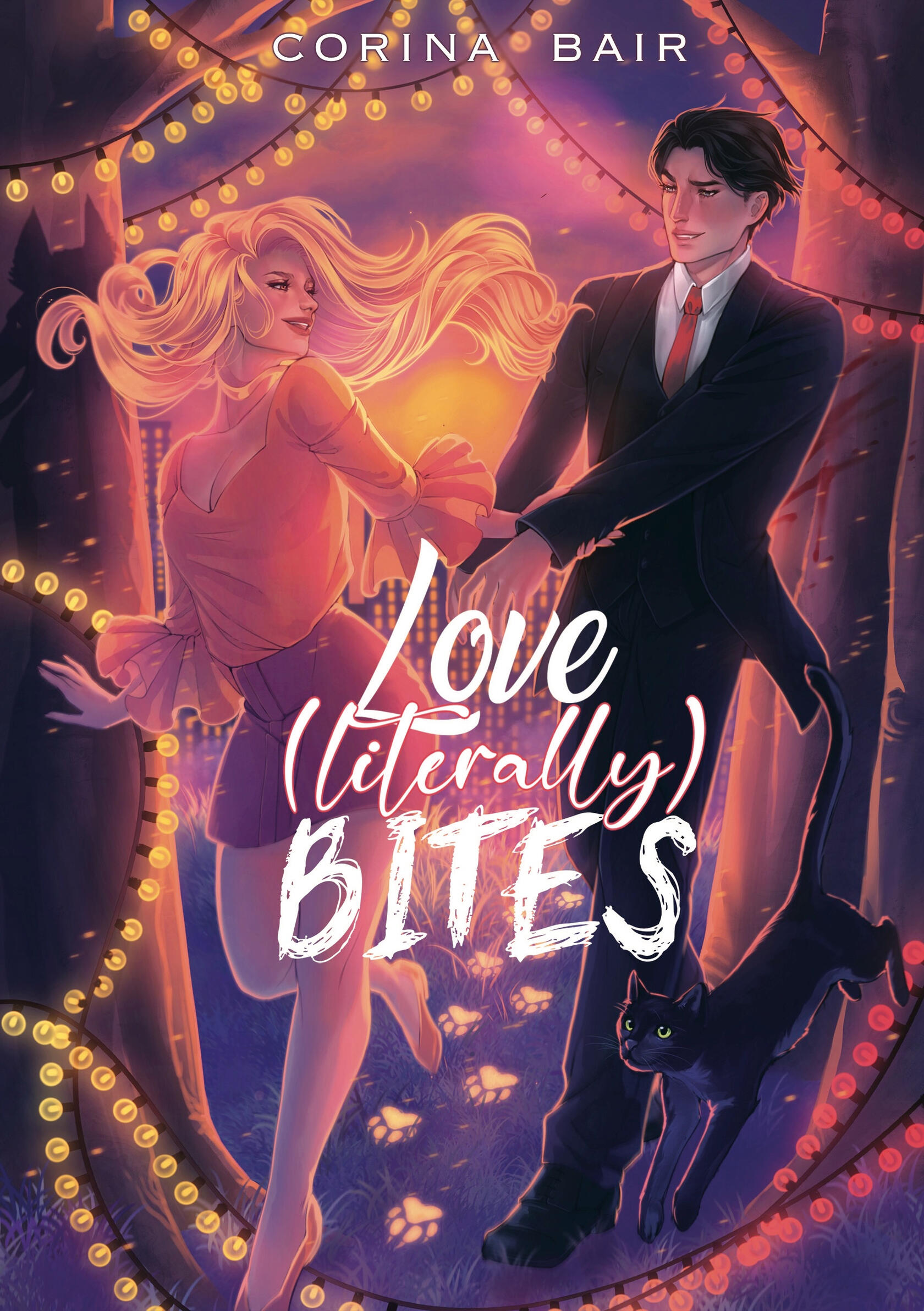 The cover of Love (Literally) Bites: A paranormal romcom by Corina Bair featuring a woman with blonde hair reaching back for a dark-haired man in a suit as she trails pawprints instead of footprints. There's a black cat leaping after them and a city in the