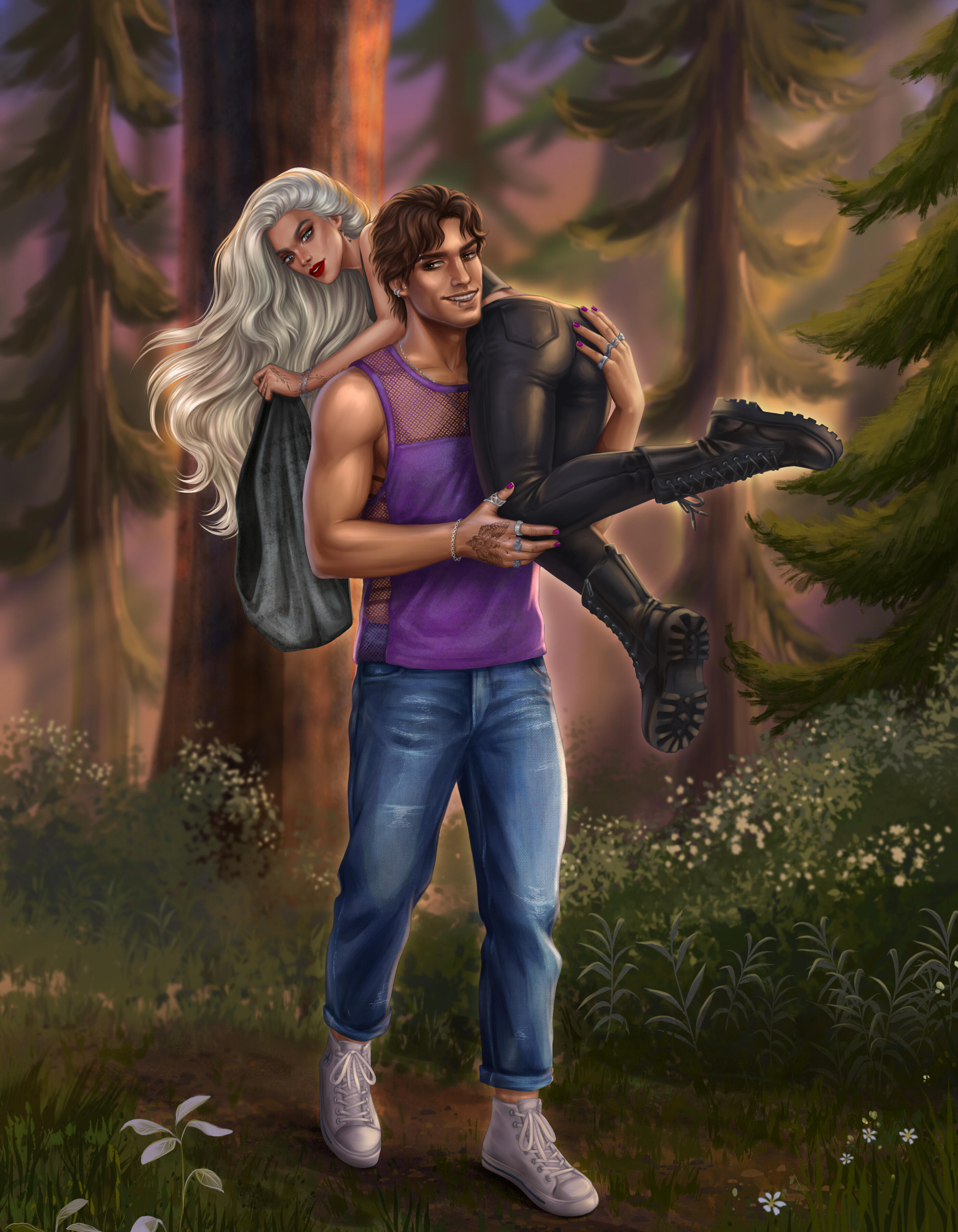 Ro "kidnapping" Lor Ro with Lor tossed over his shoulder in the woods