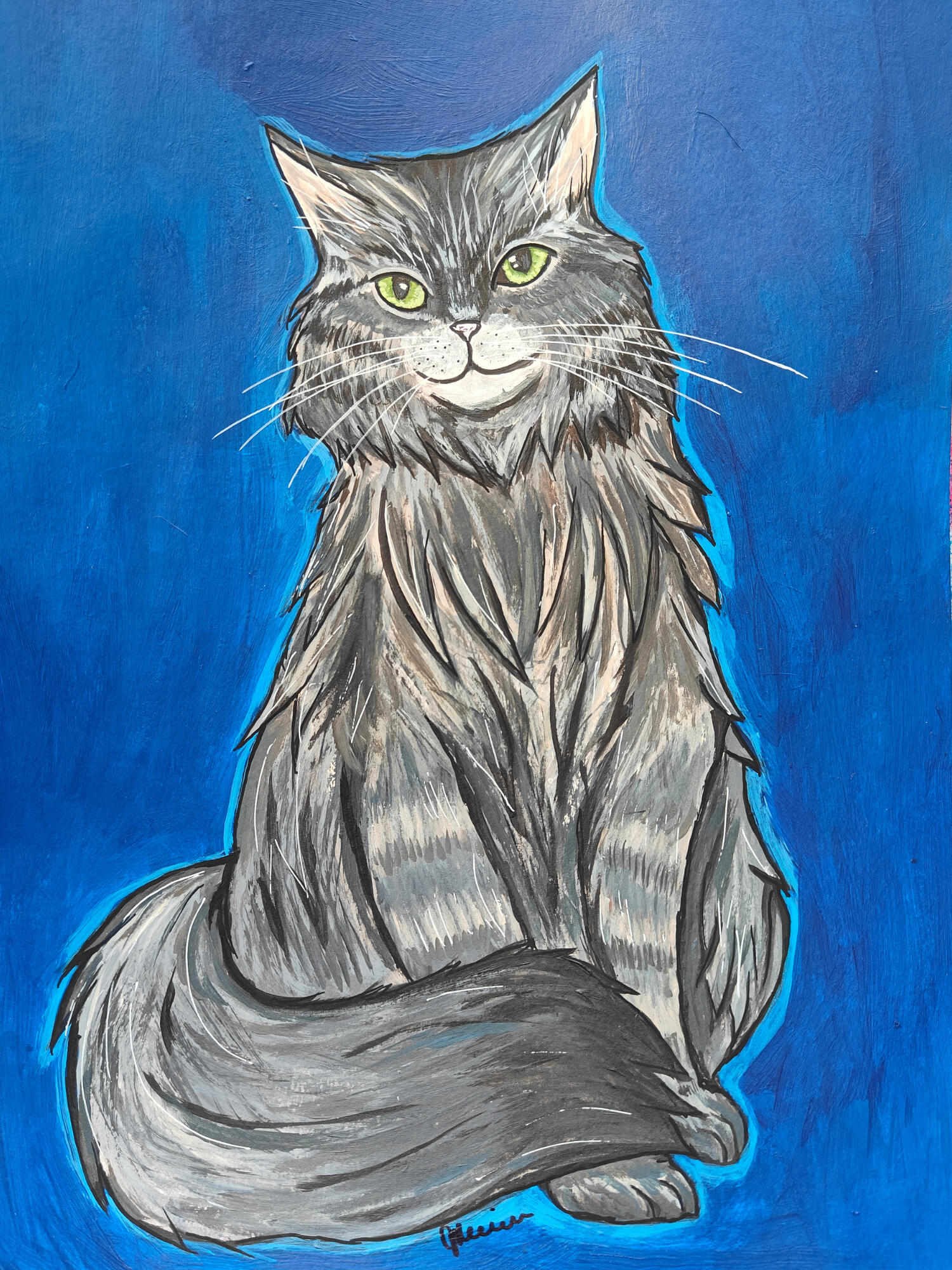 Kahlo A painted picture of a long haired tabby cat with green eyes
